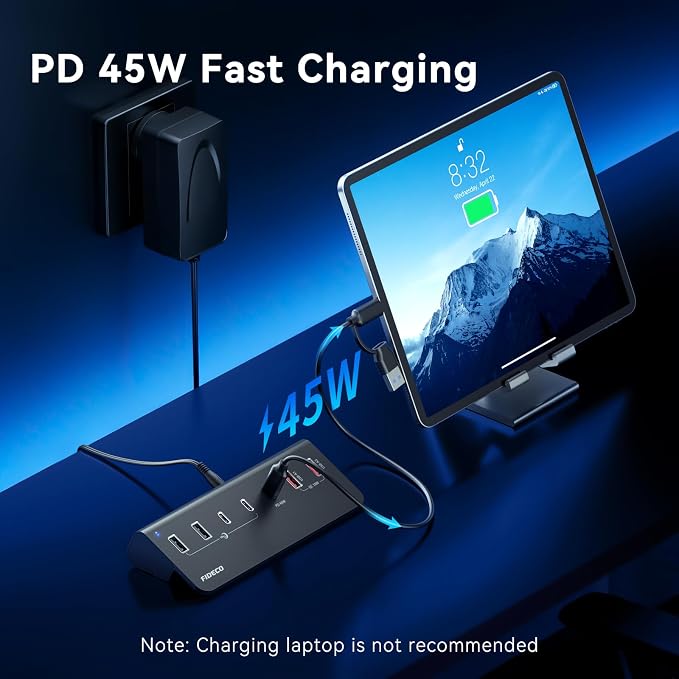 FIDECO 7-Port 72W Powered USB Hub, USB C Hub with 1 PD 45W, 2 QC 3.0 Charging Ports, and 4 USB 3.2 Ports (2 USB-A + 2 USB-C), Aluminum 10Gbps USB Hub for Laptop, PC, MacBook, iPhone 17/16/15, Black