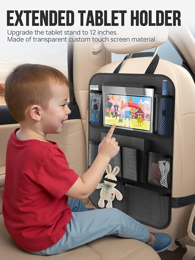 New Fi Backseat Car Organizer(20 Storage Pockets),Come with Free 1 Seat Net and 2 Headrest Hook, Touch Screen Tablet Holder, Divider for Driving Safely Children & Pets…, Car Organizer (black)