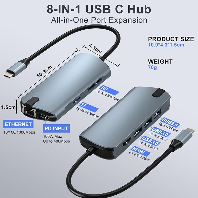 8-in-1 USB C Hub Ethernet Adapter with 4K@60Hz HDMI, 100W PD Charging, 3X USB 3.0 Ports, 1Gbps RJ45, SD/TF Card Reader, USB C Adapters Compatible with MacBook Pro/Air, iPad Pro and More Laptops