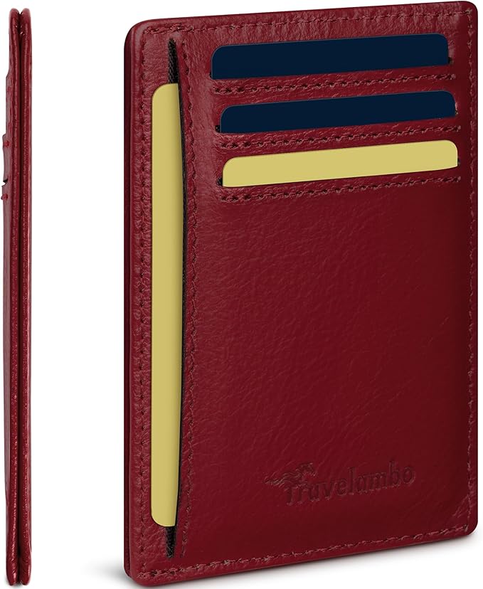 Travelambo 100% Genuine Leather Wallet for Men and Women, Slim Minimalist RFID Blocking Front Pocket Credit Card Holder with Gift Box(Red 963)