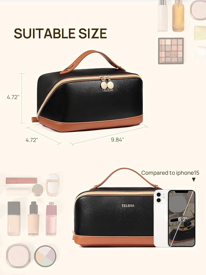 Telena Leather Make Up Bag Portable Travel Makeup Bag Waterproof Cosmetic Bags for Women Large Capacity With Handle and Divider Open Lay Flat