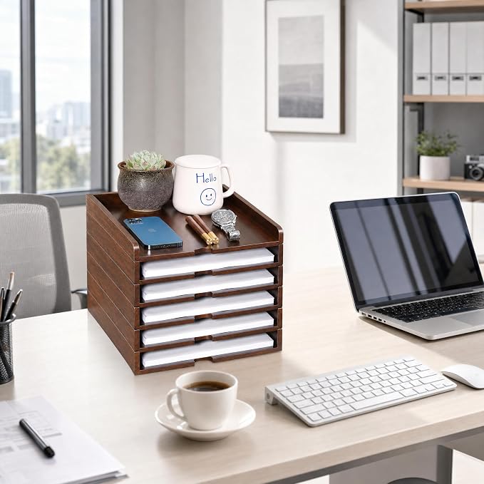 6 Tier Solid Wood Desktop File Organizer, Pull Out Stackable Paper Tray, Multi-use Desk Storage for A4 Documents, Folders, Mail, Bills, Tablet and Phone, Home Office Supplies Organizer