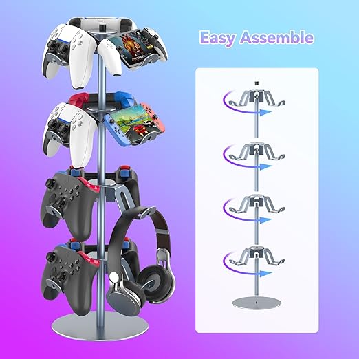 4 Tiers 360 Degree Rotatable Game Controller Stand for PS5 Xbox Nintendo Switch PS4, Aluminum Alloy Headset Controller Holder for Desk, Universal Gaming Headphone Stand Organizer Rack, Grey
