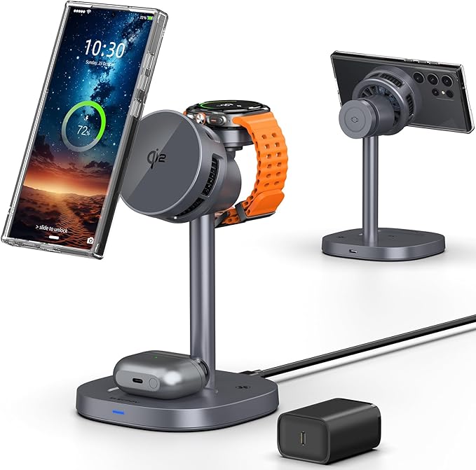 Magnetic Wireless Charger for Samsung, Qi2 Android MagSafe Charging Station with TEC Cooling Fan, 3 in 1 Nightstand Organizer for Samsung Galaxy S26 Ultra, Galaxy Watch Ultra 8, Buds4 Pro