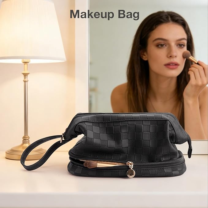 Abiudeng Large Capacity Makeup Bag Ladies Cosmetic Bag Travel Bag with Compartments Portable PU Leather Travel Makeup Bag with Handle