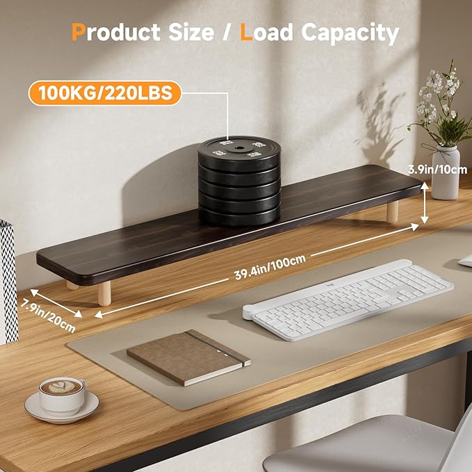 Dual Monitor Stand Riser, 39 Inch Extra Long Wooden Desktop Monitor Riser with Storage for 2 Monitors Ultra Strong Desk Shelf Organizer Riser Ergonomic for 2 Screens/Laptop/PC/TV/Printer (Dark Walnut, 39inches)