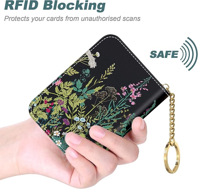 Nipichsha Credit Card Holder, Small RFID Card Wallet for Women, Slim Leather Card Holder Wallet, Credit Card Wallet Organizer, Pocket Business Card Case with Zipper & Keychain, Dandelion