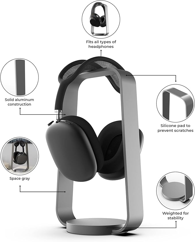 HumanCentric Aluminum Headphone Stand in Space Gray, Weighted Desk Headset Holder with Silicone Pad, Compatible with Most Headphone Sizes and Brands