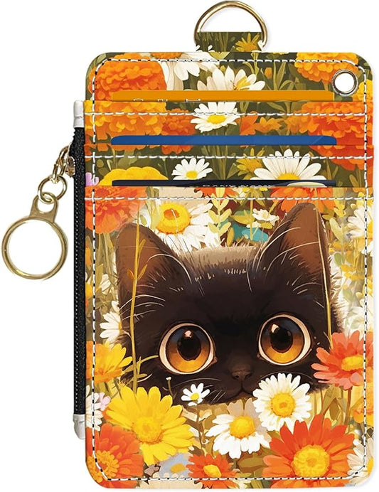 Slim Wallet Credit Card Holder, Cat and Yellow Flower, RFID Wallet Women Cute Small Front Pocket Wallet With Zipper, PU Leather Thin travel RFID Blocking Card Case ID Window,Ladies Gifts