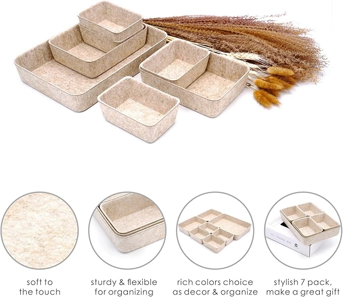 Welaxy Office Drawer organizers felt storage bins Shallow Small Desk trays Draw dividers Nordic Lifestyle Natural Scandinavian-chic style 7-piece (Oatmeal)