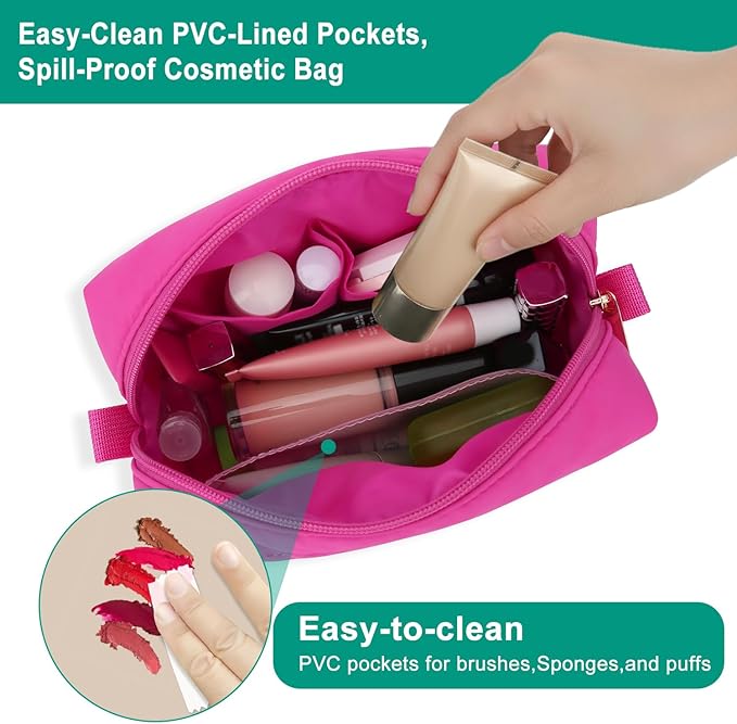 Travel Makeup Bag for Women, Small Cosmetic Bags Organizer Toiletry Bag, Nylon Pouch Travel Essentials Toiletries Accessories Brushes, Hot Pink
