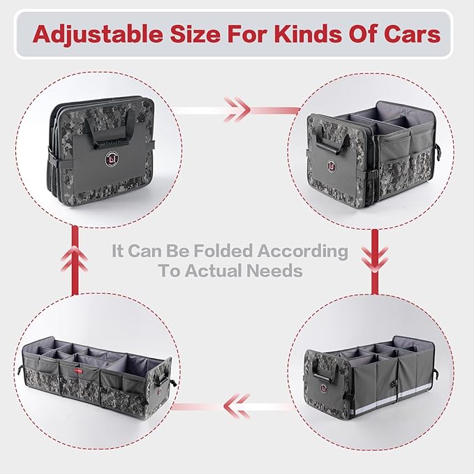 LIBZAKI Car Trunk Organizer,3 Compartments Big Trunk Storage, Large Capacity, Foldable, 95L Heavy Duty Storage Box for Car, SUV, Truck,Jeep, Includes 26L Cooler Bag -Gray Camouflage