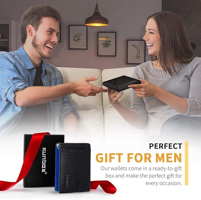 RUNBOX Slim Wallet for Men Genuine Leather RFID Blocking Bifold Minimalist Front Pocket Mens Wallet with Money Clip Thin Gift Box