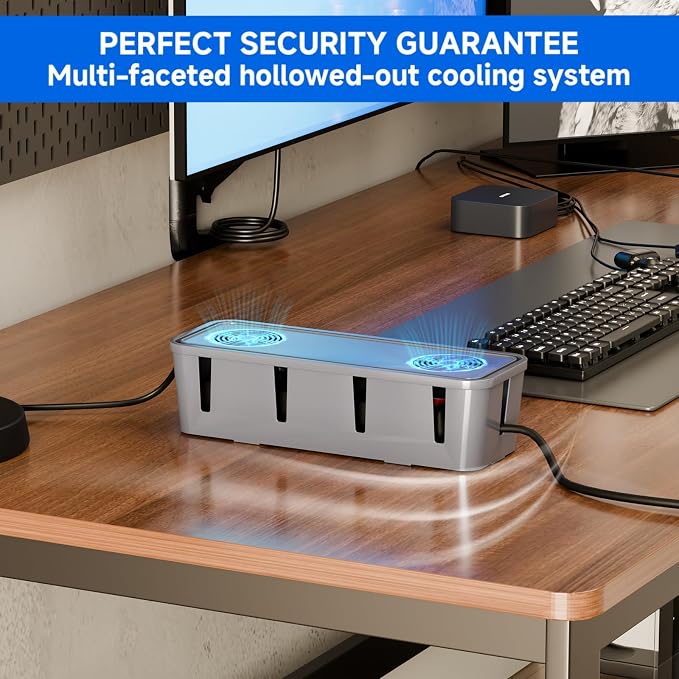 Cable Management Box, Cable Organizer Box and Power Strip Box, Power Strip Protector Box - Wire Box Hider for Desk - 10 Open Slots (Grey)