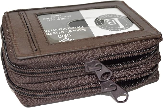 Leatherboss Leather RFID Identity Safe Double Zippered Accordion Wallet