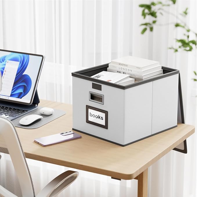 Portable Leather File Organizer Boxes with Lids, Office Document Boxes Organizer, Filing Boxes, Decorative Small File Boxes for Hanging Files, File Cabinet for Office/Home - 4 Pack