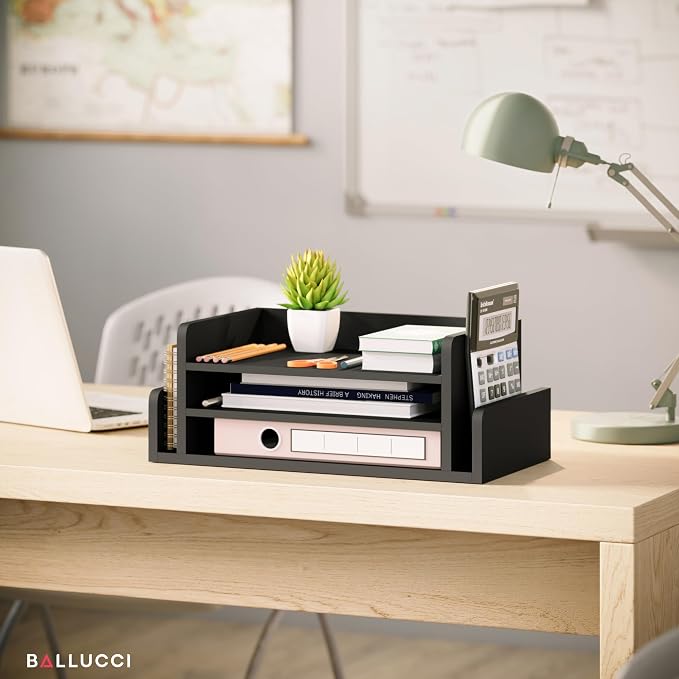 Ballucci 3-Tier Desk Organizer with 2 Side Mail Sorter Slots, Wood Letter Tray, Open Top Paper Organizer, Desktop File Organizer, Black