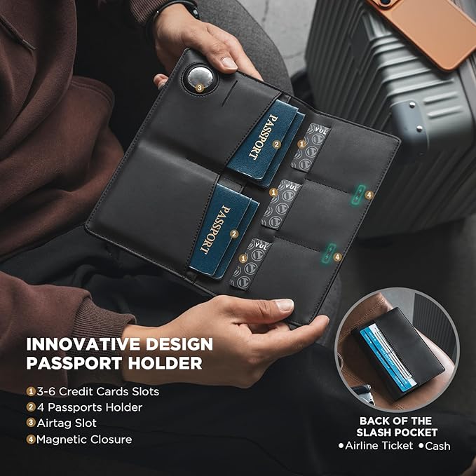 VULKIT Family Passport Holder for 4 Leather Passport Wallet with Airtag Slot Multiple Passport Holder RFID Blocking Bifold Travel Documents Organizer