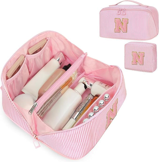 Initial Makeup Bag, Personalized Cosmetic Bag, 2Pcs Large Capacity Make Up Bag for Women, Open Flat Make up Cosmetic Organizer with Handle,Portable Make Up Organizer Pouch for Women - N