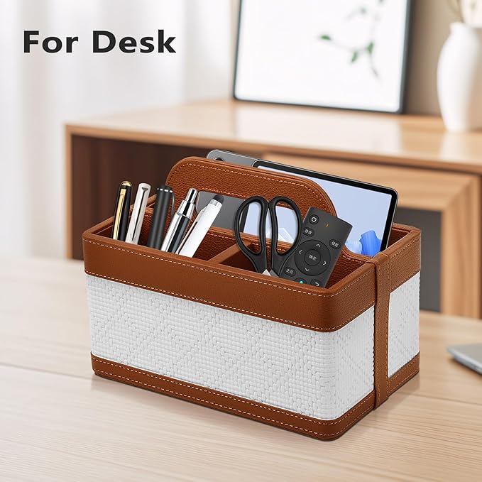 Desk Organizer Caddy with Handle-Portable PU Leather Remote Control Holder-Nightstand Dresser Tote Storage for Sunglasses,Comb,Small iPad,Pen,Heater Controllers,Cosmetics and Office Supplies