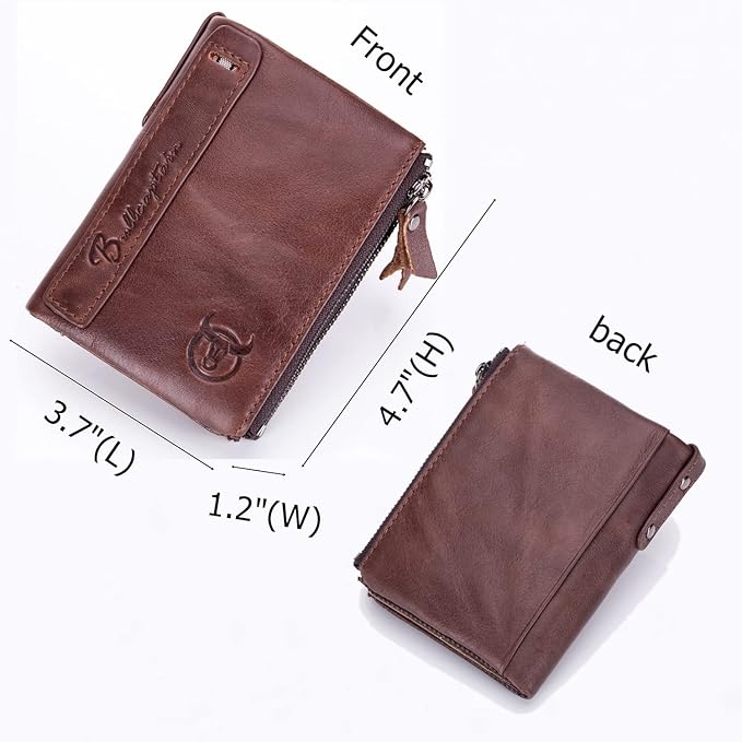 BULLCAPTAIN Genuine Leather Wallet for Men Vintage Bifold Double Zipper Coin Purse (Coffee)