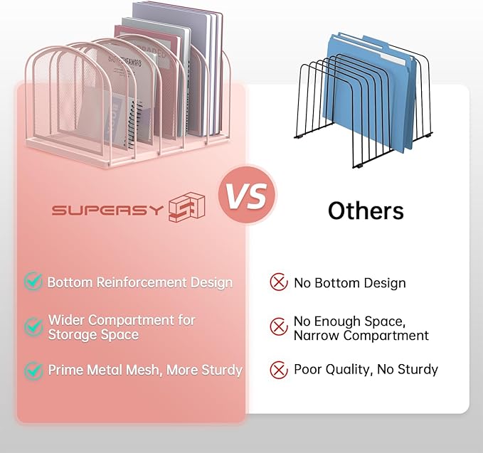 SUPEASY File Organizer for Desk, 5-Section Mesh Desk Organizer, Vertical File Holder Desktop Organizer File Sorter, File Folder Holder for Office Supplies, Pink