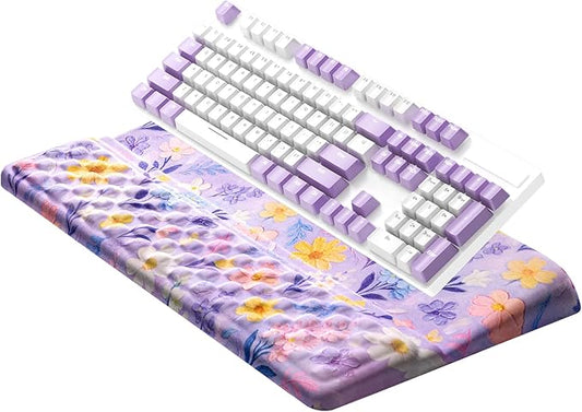 Ospelelf Keyboard Wrist Rest, Ergonomic Memory Foam Wrist Support for Typing & Gaming, Tilted Keyboard Stand Pad, Relief for Wrist Pain, Aesthetic Desk Accessories for Office, Purple Flower
