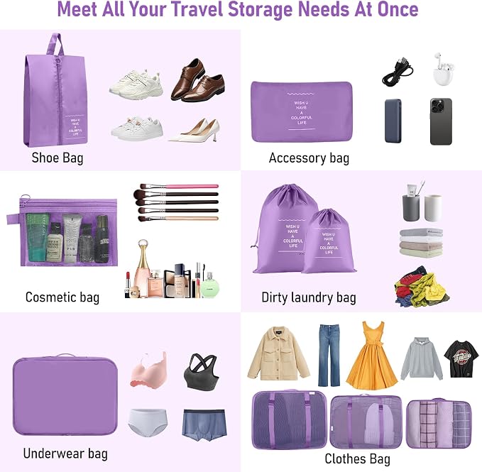 Packing Cubes for Travel- 8 Set Luggage Organizer Bags for Family, Mesh Breathable Travel Packing Cubes for Suitcases Durable Travel Essentials Bags Set (Purple, 10 Set)