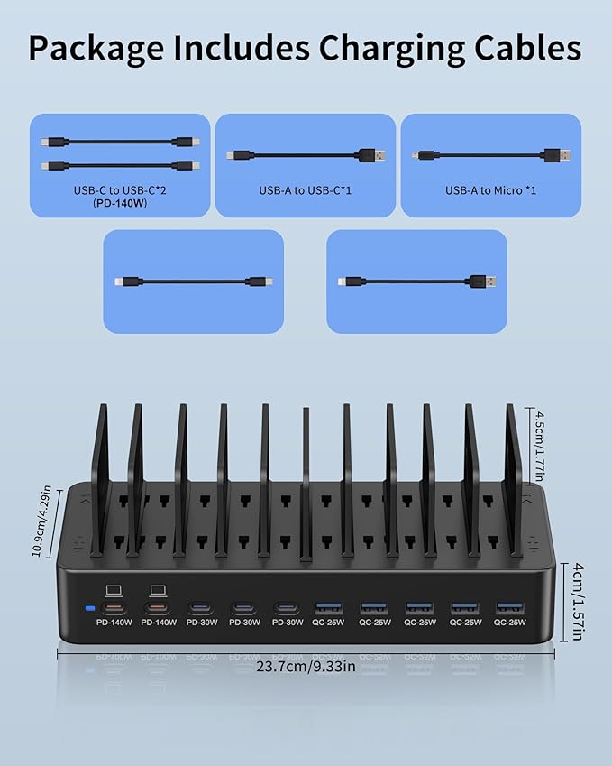 620W Charging Station for Multiple Devices, 10-Port USB C Fast Charger Station, Dual 140W PD3.1 PPS Charging Dock with Adjustable Dividers & 6 Cables - for Laptop MacBook, iPhone, iPad