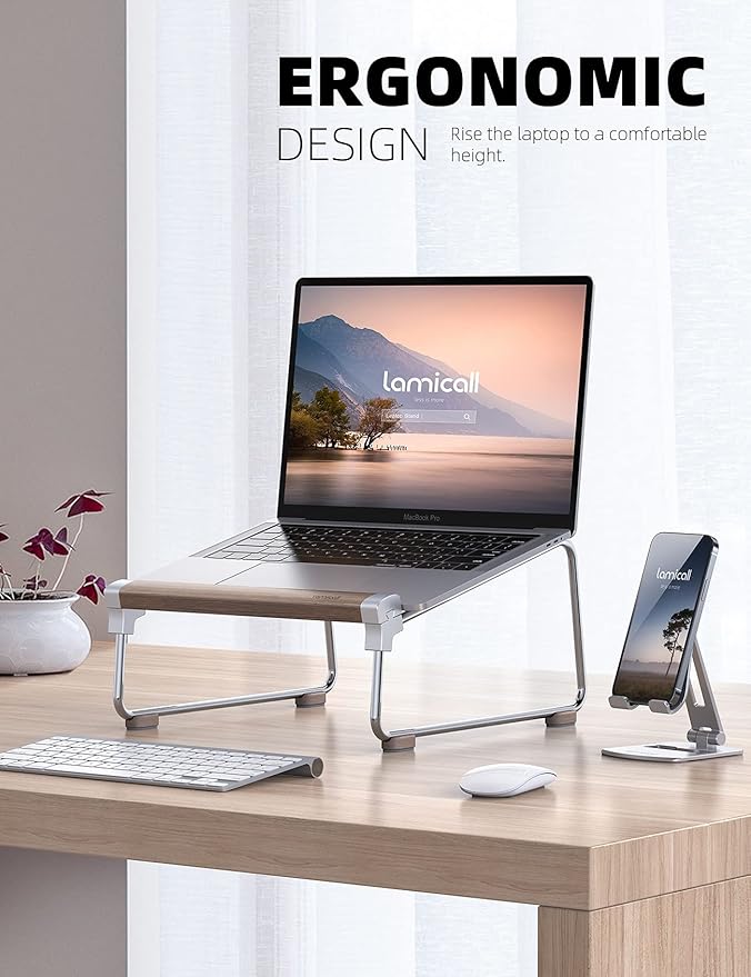 Lamicall Laptop Stand for Desk - Aluminum and Walnut Desktop Notebook Stand Holder, Ergonomic Laptops Holder for MacBook Air/Pro, Dell, Hp, Msi, Asus, Acer, Chromebook, Surface Pro and 10-16'' Laptop