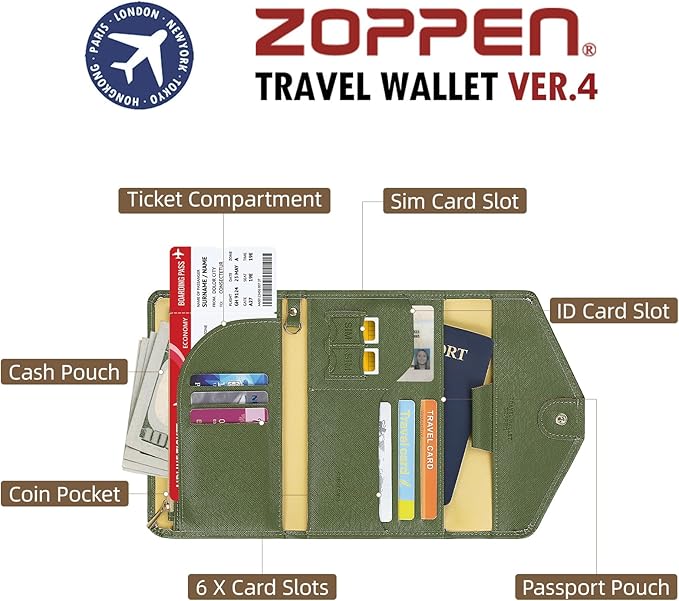 ZOPPEN Mulit-purpose Rfid Blocking Passport Holder Travel Wallet (Ver.4) Passport and Vaccine Card Holder ComboTri-fold Document Organizer Travel Essentials