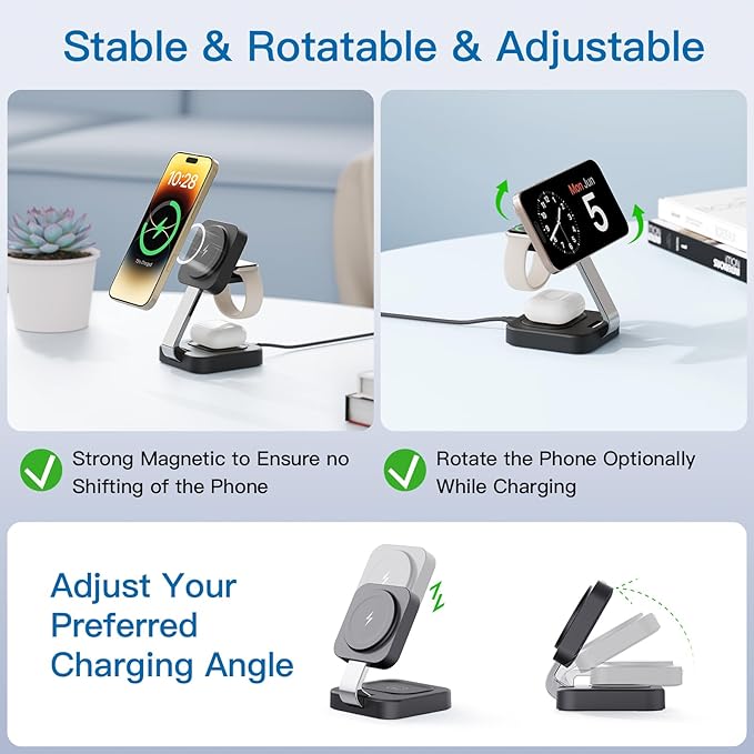 RYND 2026 Traveling Wireless Mag-Safe Fast Charging Station,Magnetic 3 in 1 Charger with iPhone 17 16 15 14 13 12 Pro Max Plus,Apple Watch Series & Air pods 4 3 2 Pro-Gifts for Wife & Husband(Black)