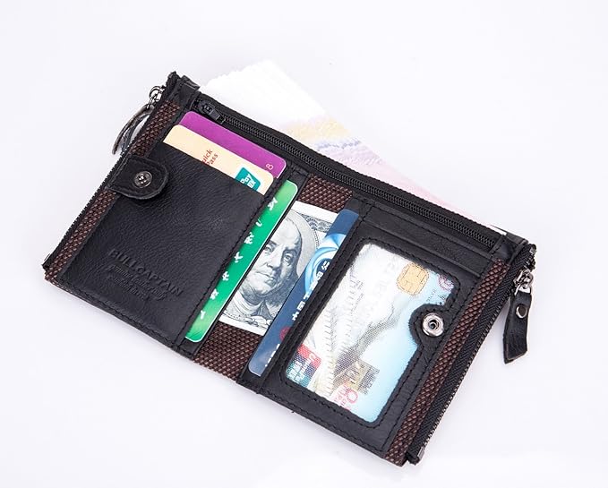 BULLCAPTAIN Genuine Leather Wallet for Men Vintage Bifold with Double Zipper Pockets (Black)