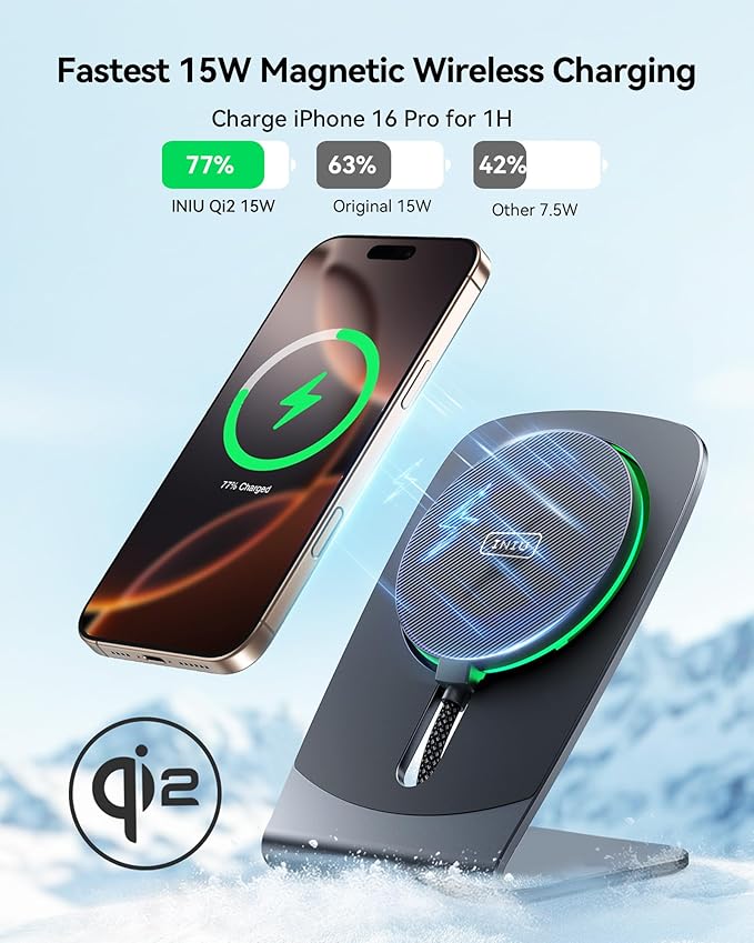 INIU Magnetic Wireless Charger Stand, Qi2 Certified 15W Mag-Safe Wireless Charging Pad with Cooling Fan, Fast Charging Pad for iPhone 17 16 15 14 13 12 Series AirPods 4 3 2 Pro (with Adapter)