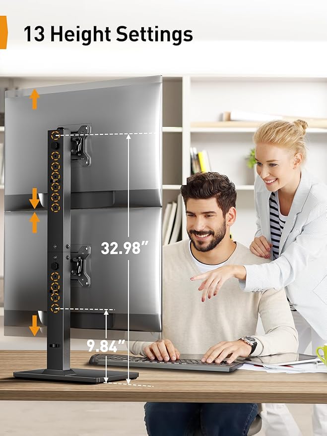 Perlegear Dual Vertical Monitor Stand for 13-40 inch Screen, 13 Height Settings, Dual Computer Stand with 360 Degree Rotation, Up to 44 lbs, Max VESA 100x100mm, PGTVS30