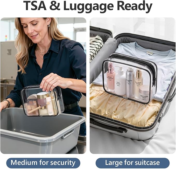 PACKISM TSA Approved Toiletry Bag 2 Pack - 1 Medium TSA Quart Carry-On & 1 Large for Checked Luggage, Water-resistant Clear Makeup Bag Clear Travel Bags for Toiletries, Active Black