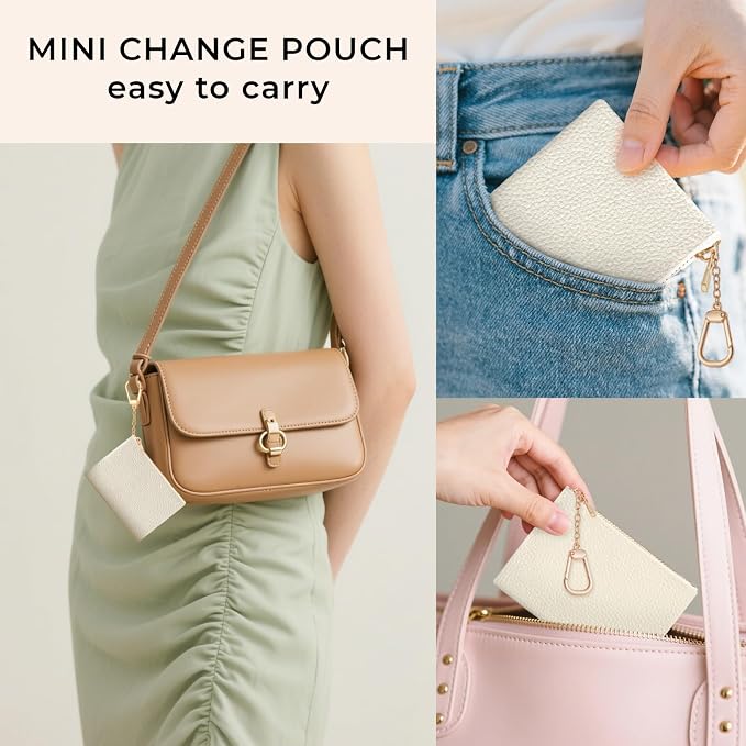 Beige White Keychain Coin Purse for Women, Small PU Leather Change Pouch, Zipper Little Tiny Travel Wallet for Girls, Cute Kawaii Zip Pocket Coin Holder with Key Ring