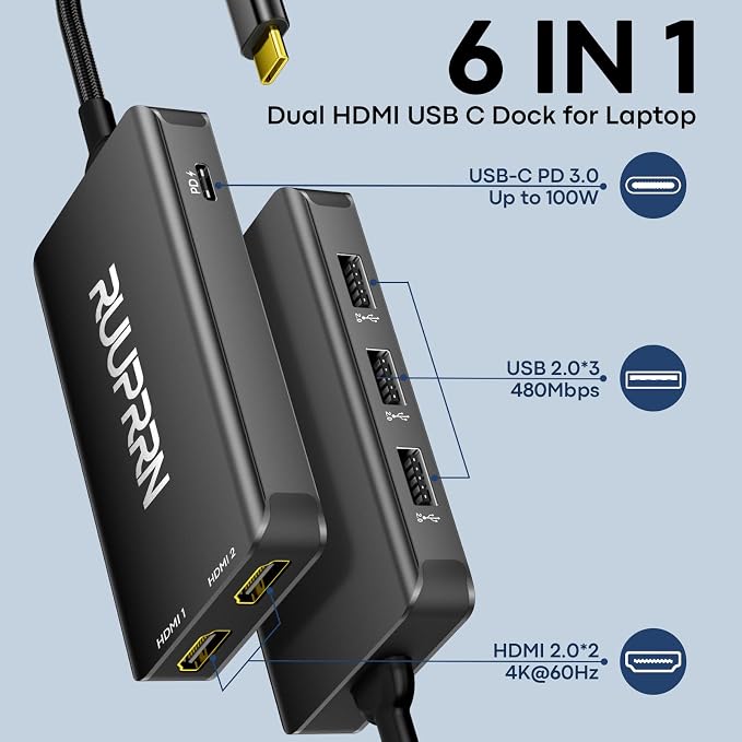 6-in-1 USB Hub (0.99FT), USB C to Dual HDMI Adapter 4K@60Hz, HDMI Splitter Extended Display for Dual Monitors with 100W PD Port, USB 2.0, Dual Monitor Adapter for MacBook Neo/Air/Pro, XPS, HP