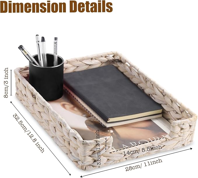 PINXIURY Water Hyacinth Letter Tray for A4 File Desk Mail Letter-Size Paper, Basket Woven Organizer, Magazine Files Storage, Office Document Organizer and Storage,Whitewash