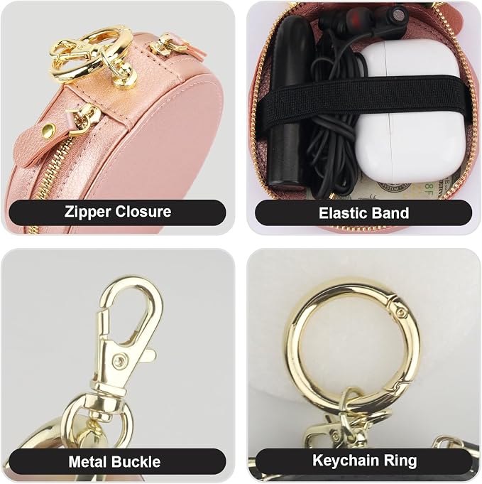 Bocasal Coin Pouch Mini Lipstick Cosmetic Bag with Airtag Holder Mirror, Leather Zipper Travel Makeup Bag Keychain Ring Clasp for Keys Earbuds Earphone Lip Gloss Chapstick Women Girls (Rose Gold)