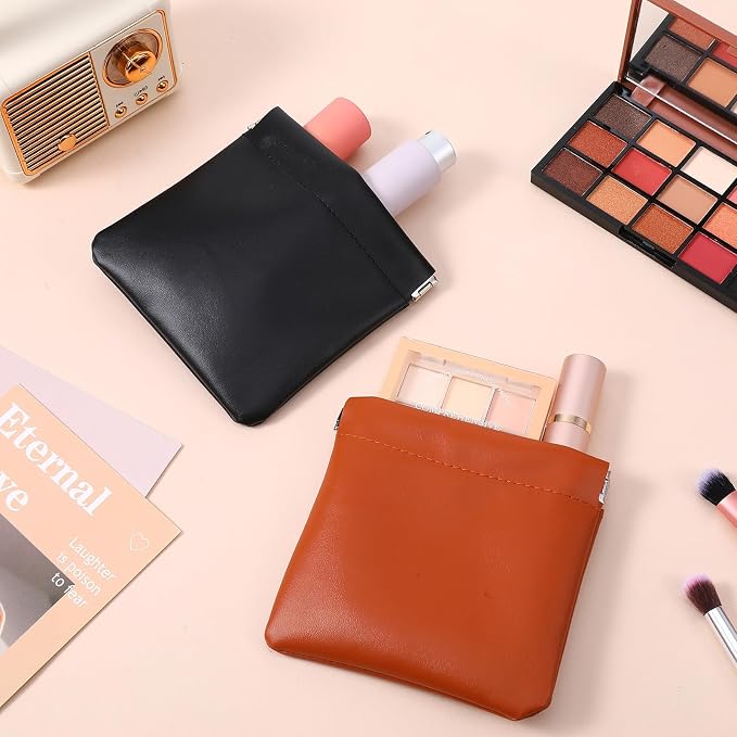 Mini Makeup Bag for Purse, 2 PCS Upgrade PU Small Makeup Pouch, Portable Pocket Cosmetic Bag, Squeeze Top Self-Closing Small Purse Pouch for Women Travel Storage Coin Lipstick Charging Cable Earphones