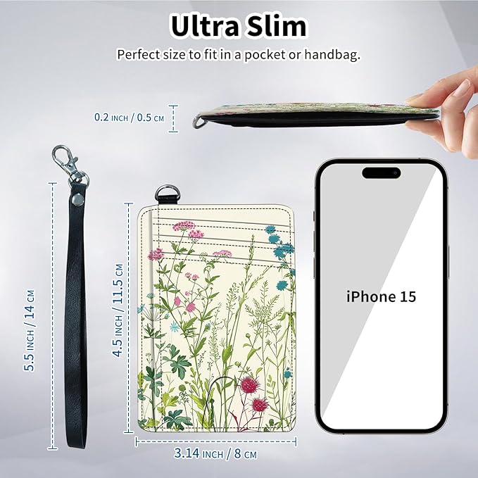 Slim Minimalist Front Pocket Wallet,Credit Card Holder Wallet for Women Men,RFID Blocking Credit Card Holder Case Leather Cute Small Thin Wallet ID Window&Wrist Strap,Flower Floral Plant