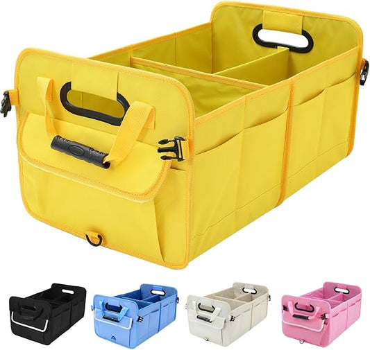 Car Suv Trunk Organizer,Sturdy Storage Organizer for Car Accessories,Tools,Sundries.Upgraded 4 Carrying Handles,72L,Foldable,Waterproof,Multi Compartment,2 Straps for Fixation (Yellow B)