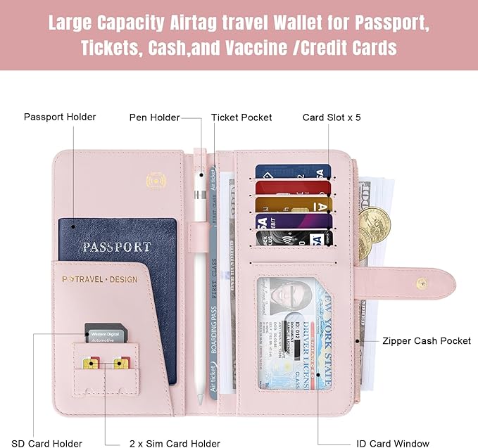 Passport Holder for Travel,Leather Passport Wallet,Travel Document Organizer with AirTag Slot,RFID Blocking With Credit Cards Case,Zippered Coins Pocket and Cash Slot for Women Men