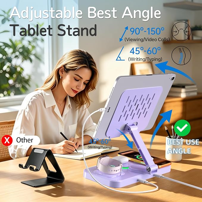 Magnetic Charging Station for Apple Multiple Devices, Wireless Charger with Clock & Light, Foldable Wired Charging Stand for iPad/Tab, Mag-Safe Charger for iPhone 17, for Apple Watch for AirPods