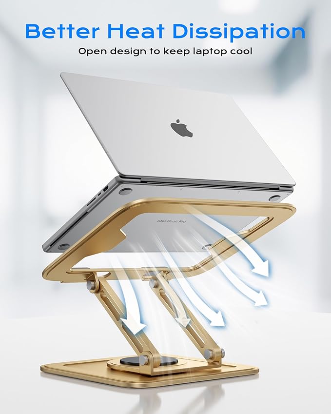 LOXP Adjustable Laptop Stand, Computer Stand with 360 Rotating Base, Ergonomic Laptop Riser Mount for Desk Foldable Protable Computer Desk Fits with MacBook Pro Air (10-16") - Gold