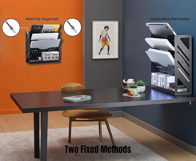 CanKing Metal File Organizer 13 Inch Paper Holder 4 Tier Hanging Mail Folders Clamp on Desk or Wall Mount for Office, Black