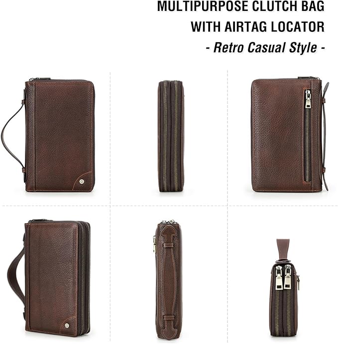 Top Grain Genuine Leather Zipper Clutch Wallet for Man & Woman, Handmade Vintage Design, Multi Slots & Side Pocket & Strap, RFID Large Capacity for Cards/Checks/Passports/Phone/Pen/AirTag, Red Coffee