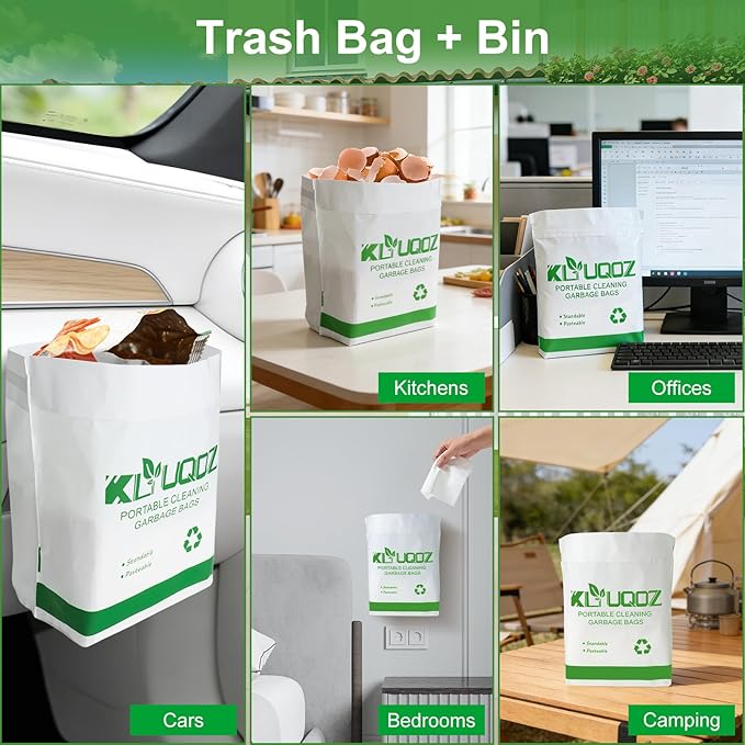 Disposable Cars Trash Bags Standable Car Garbage Bag Self Adhesive travel trash bag for Cars Kitchens Bedrooms Offices Travel and Camping Open Top Cleaning Bags (10.1 * 2.3 * 7.6 in) (100)