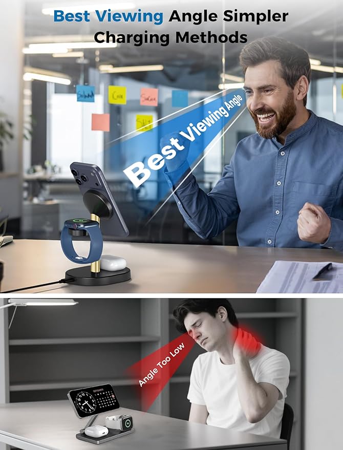 Hevanto 2026 3 in 1 Wireless Charging Station for Apple MagSafe Charger, 15W Fast Magnetic Mag-Safe Charger Stand for iPhone 17 16 15 14 13 12 Apple Watch AirPods Series, Gold&Black